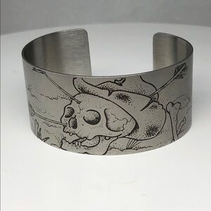 Tattooed Steel Cuff Bracelet Skull With Cowboy Hat And Arrows Design Unisex